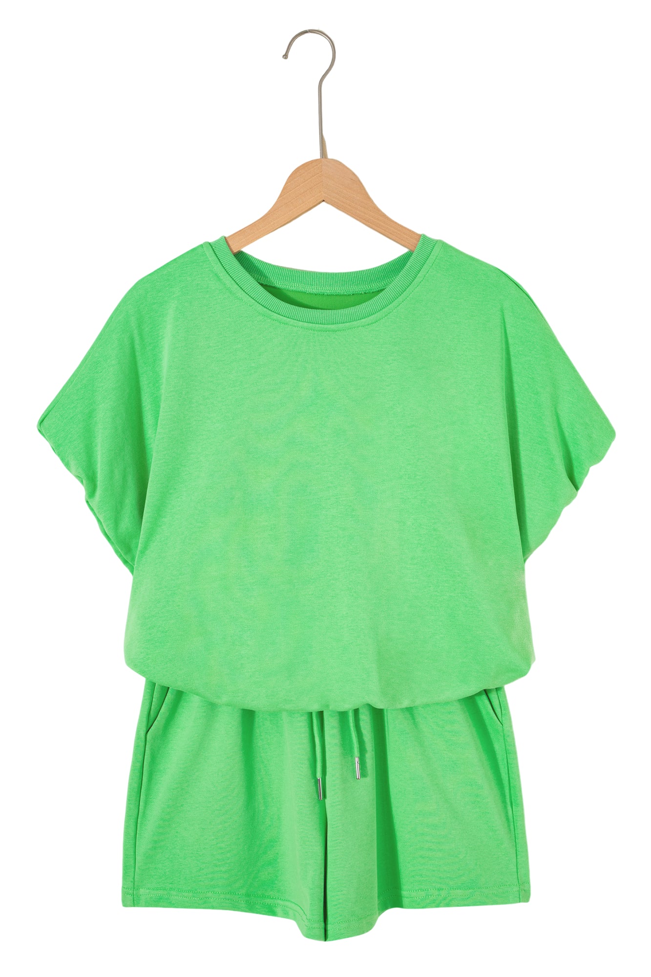 Green Solid Color Puffy Loose Top Drawstring Shorts 2pcs Outfit