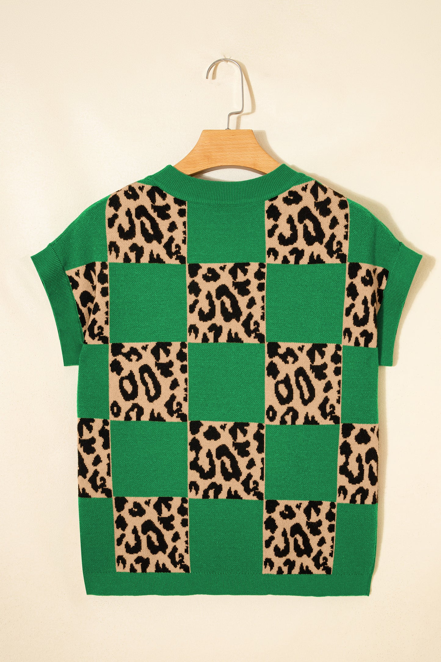 Red Leopard Checkerboard Short Sleeve Knit Sweater