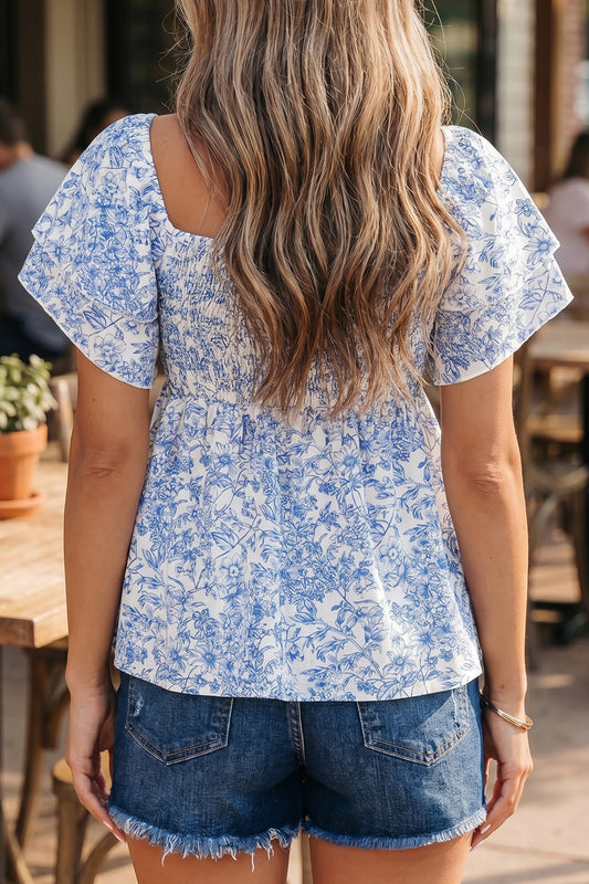 Sky Blue Floral Print Square Neck Ruffled Sleeve Shirred Babydoll Blouse