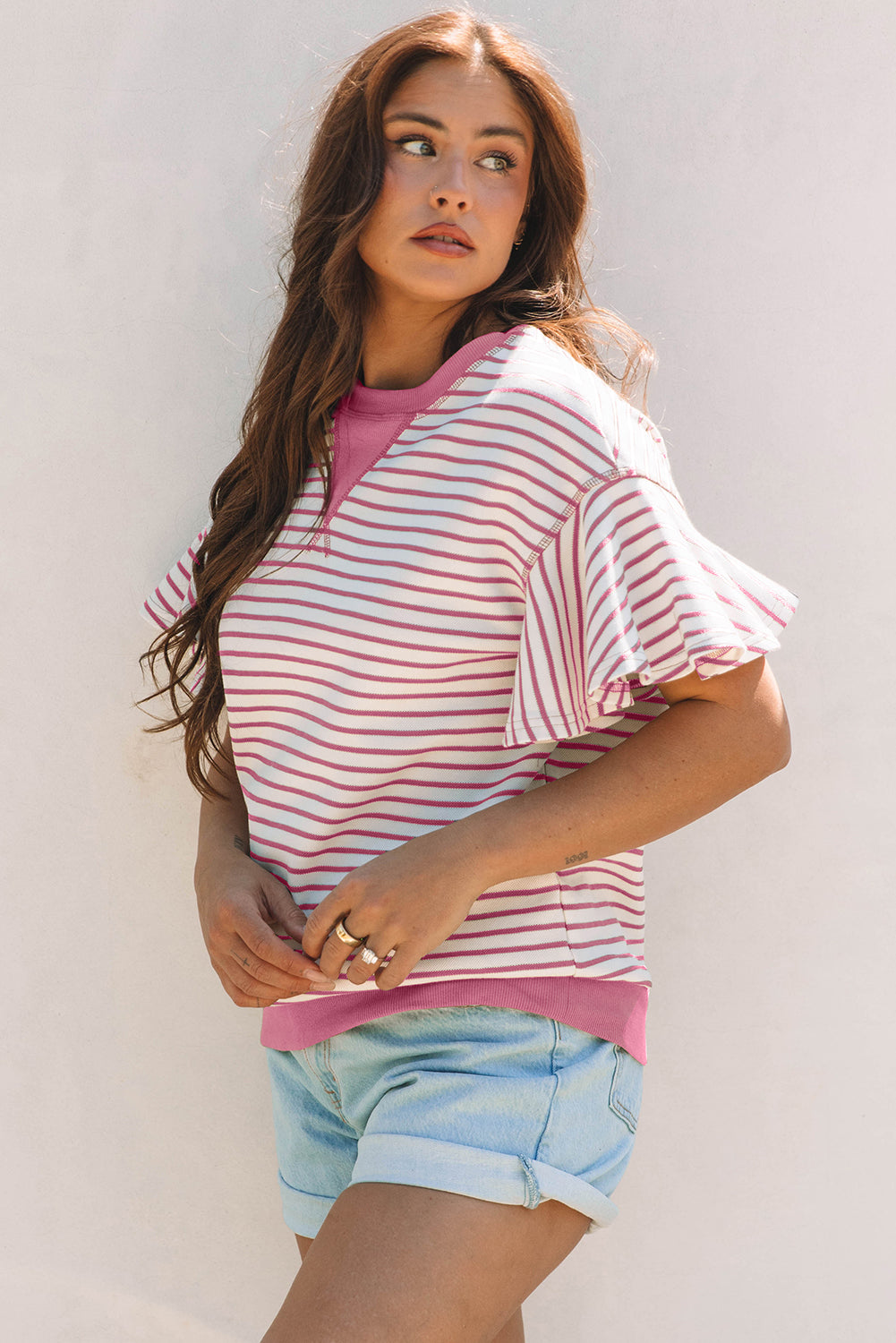 Contrast Detail Striped Ruffle Short Sleeve Top
