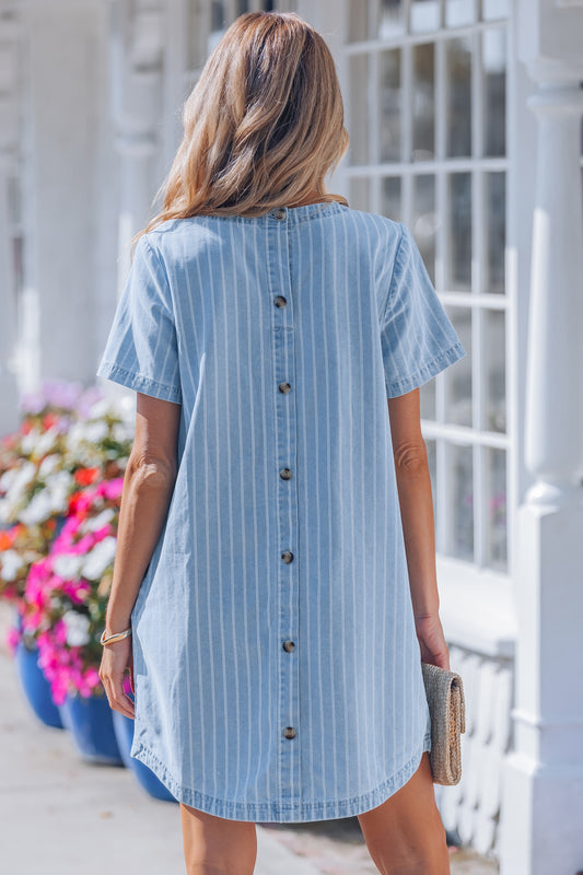 Sky Blue Stripe Buttoned Back T-Shirt Denim Mini Dress