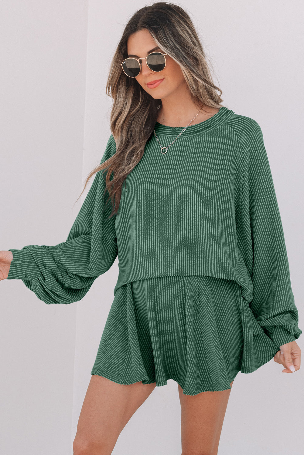 Corded Lantern Sleeve Top High Waist Ruffled Mini Skort Set- Jet Stream, Dark Grey, Sky Blue, Mist Green