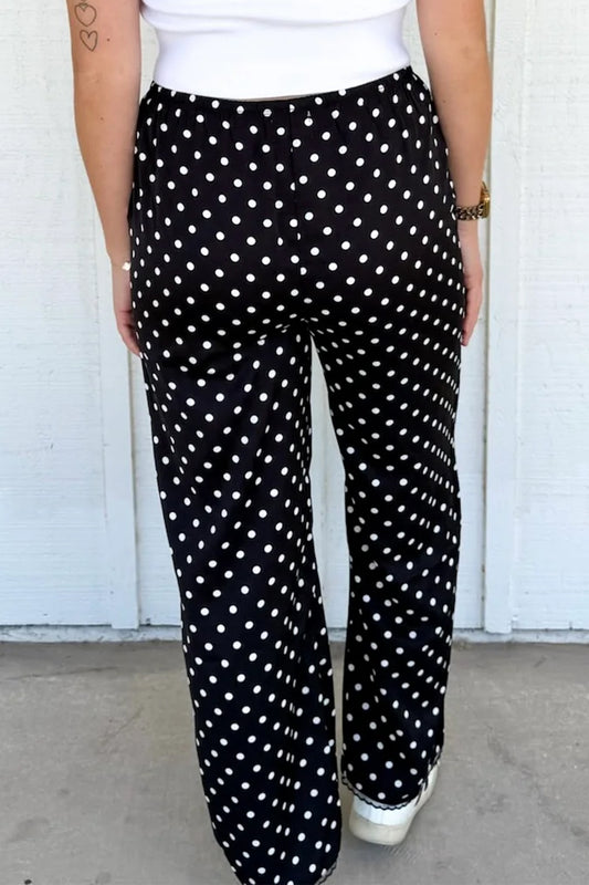 Black Polka Dot Print Elastic Waist Lace Hem Loose Pants