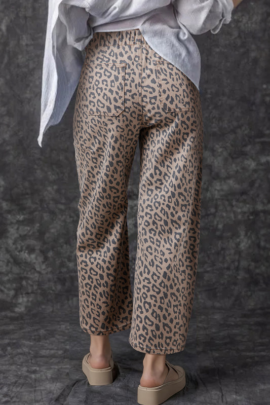 Leopard Printed Drawstring Elastic Waistband Pocketed Barrel Jeans- Khaki, Blue