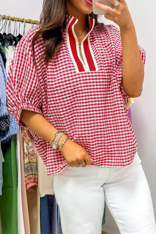Red Plaid Short Sleeve Colorblock Trim Split Neck Blouse
