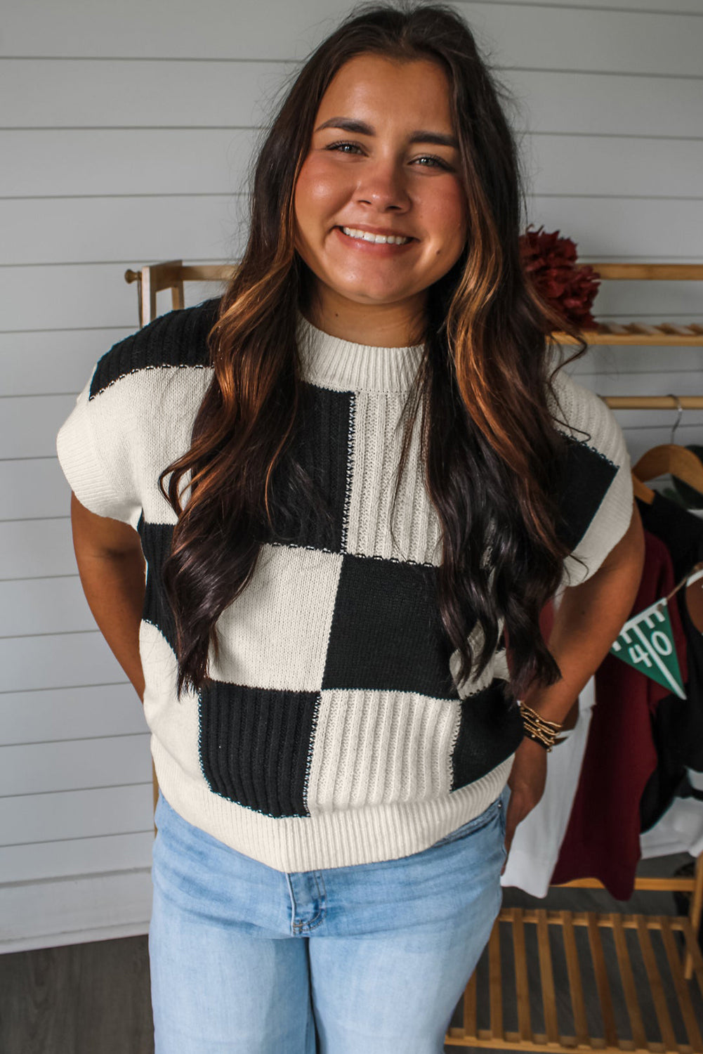 Checkered Color Block Crew Neck Short Sleeve Sweater- Light Blue, Khaki, Black