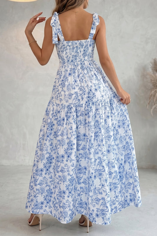 Sky Blue Floral Print Knot Straps High Waist Flared Maxi Dress