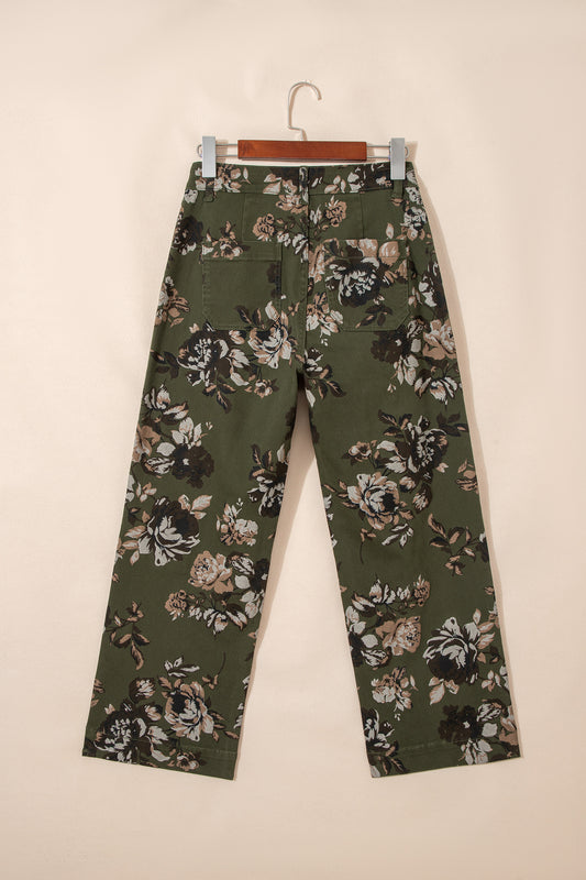 Green Vintage Floral Print Square Patch Pocket Raw Hem Shift Jeans