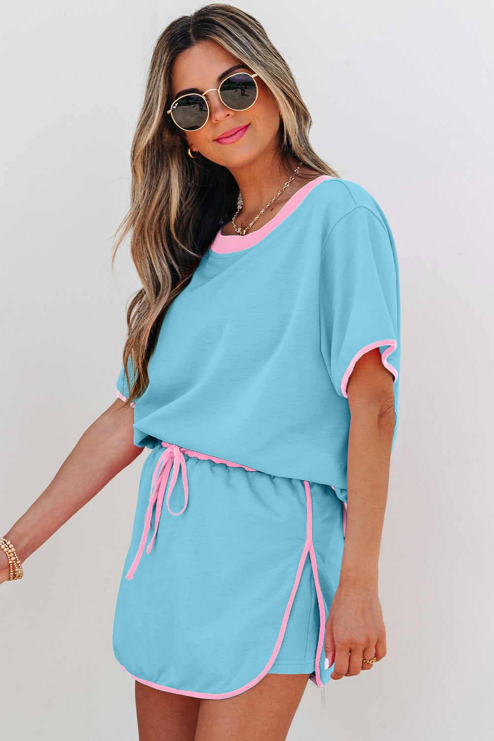Colorblock Edge Drop Shoulder T Shirt and Skort 2Pcs Set- Turquoise, Evergreen, Bonbon
