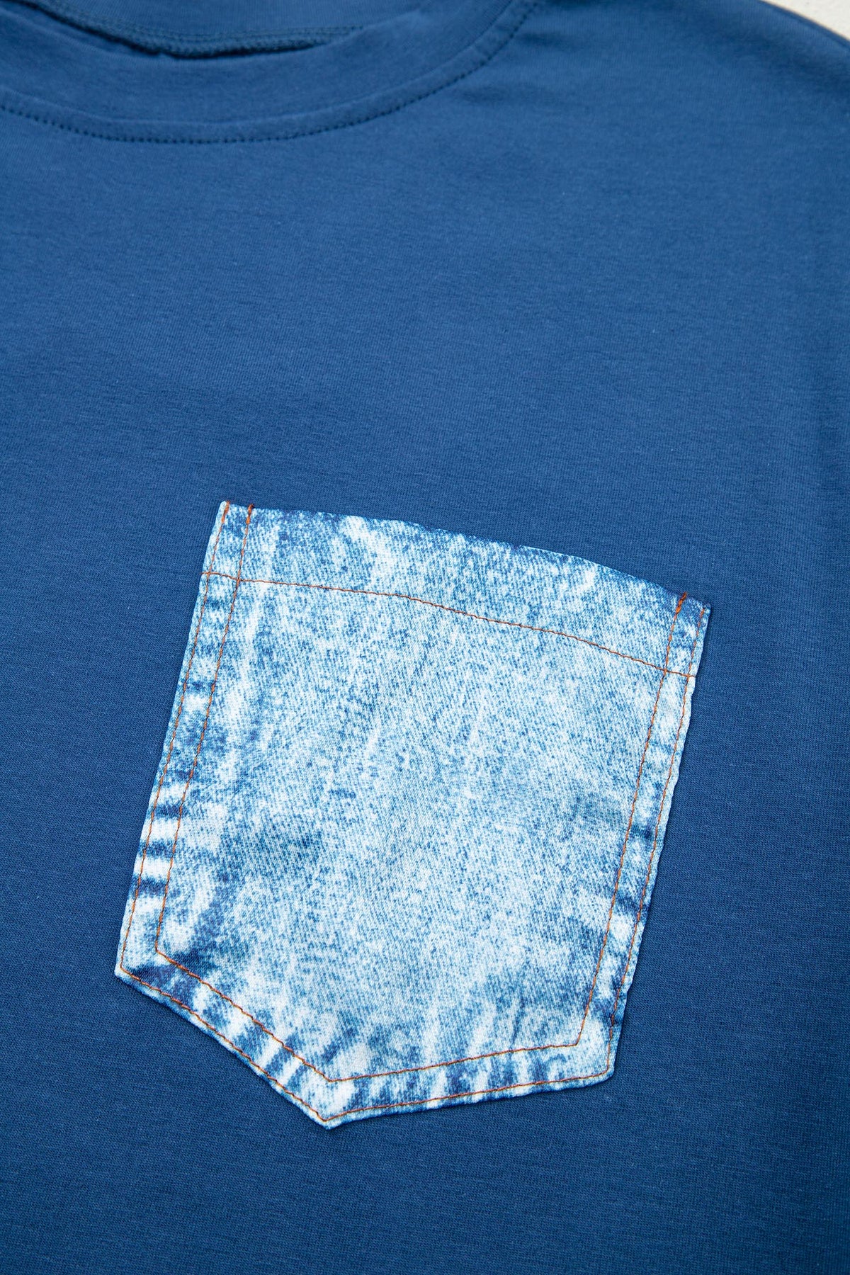 Sail Blue Color Block Chest Pocket Patched Casual Short Sleeve Top
