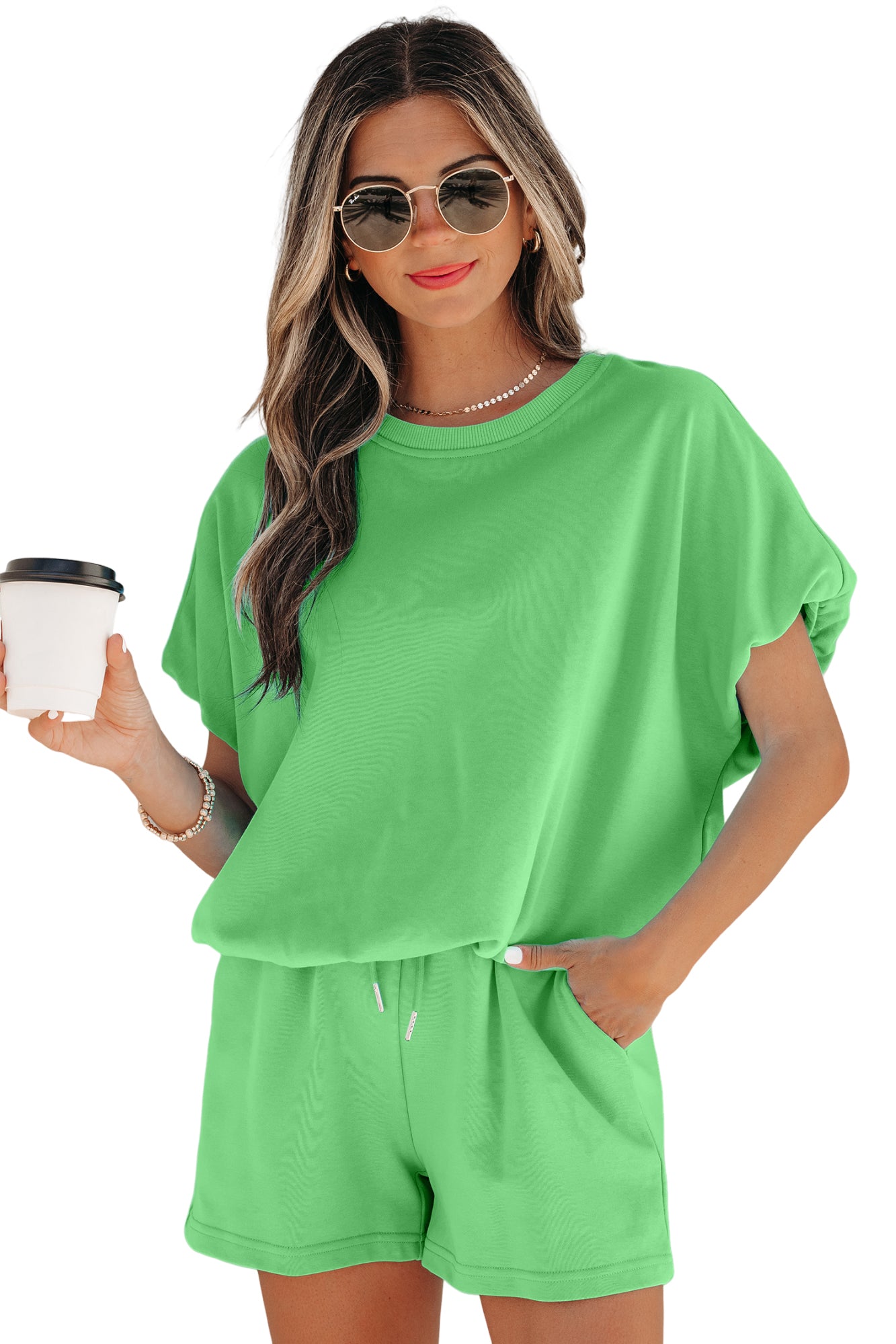 Green Solid Color Puffy Loose Top Drawstring Shorts 2pcs Outfit