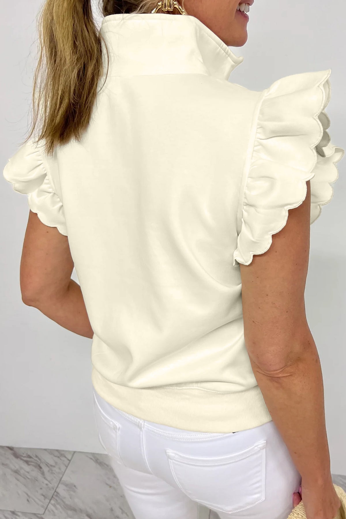 Beige Zipped up Collared Ruffled Short Sleeve Blouse