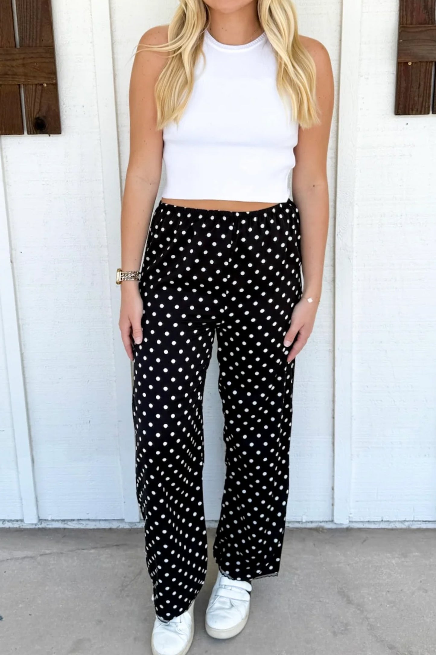 Black Polka Dot Print Elastic Waist Lace Hem Loose Pants