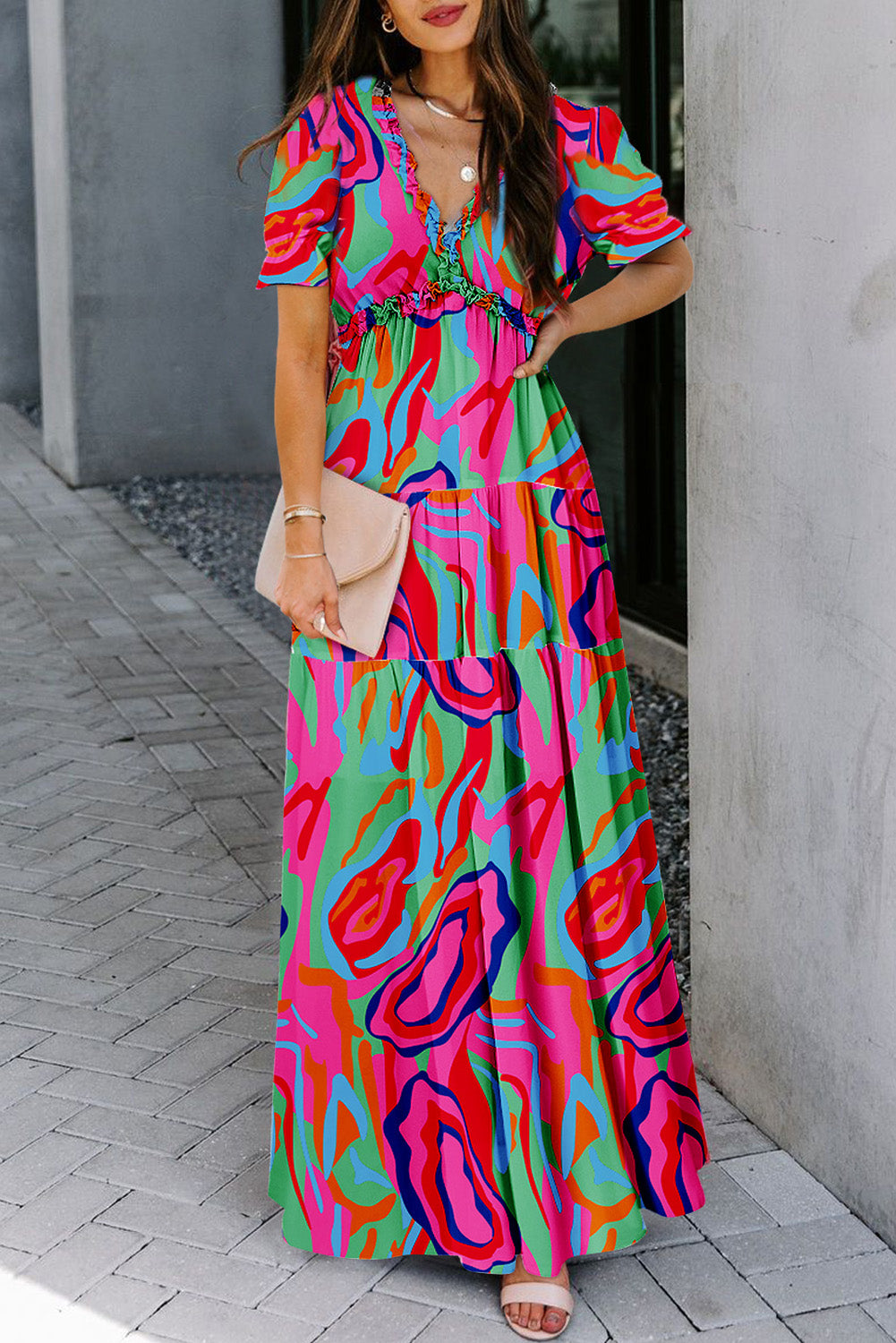 Black Fiery Floral Print Frilled V Neck Short Sleeve Maxi Dress