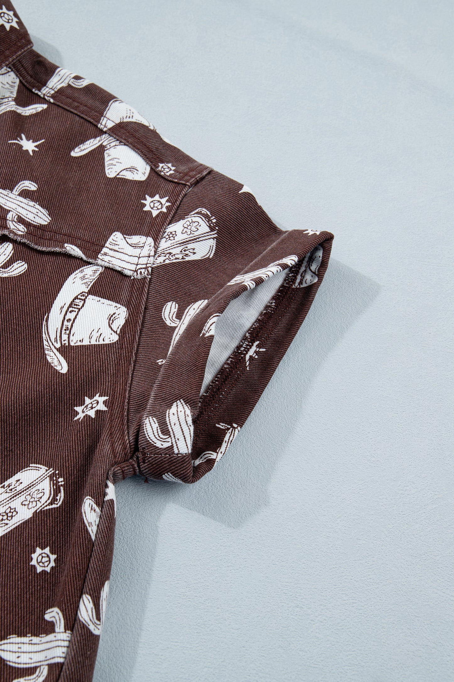 Brown Cowgirl Hats Boots Cactus Print Raw Edge Button Down Short Denim Dress