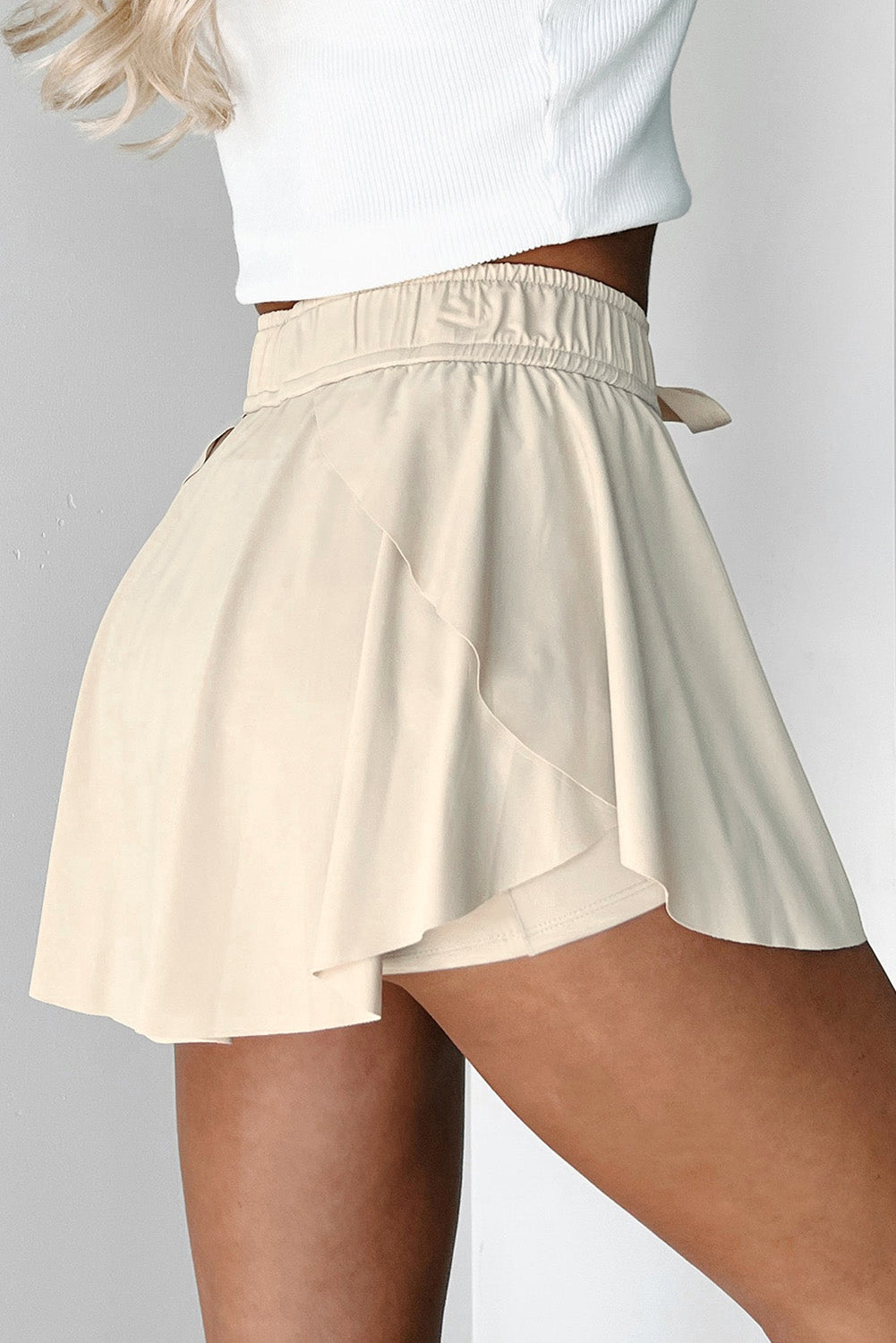 Beige Drawstring Elastic Waistband Lined Tennis Skorts