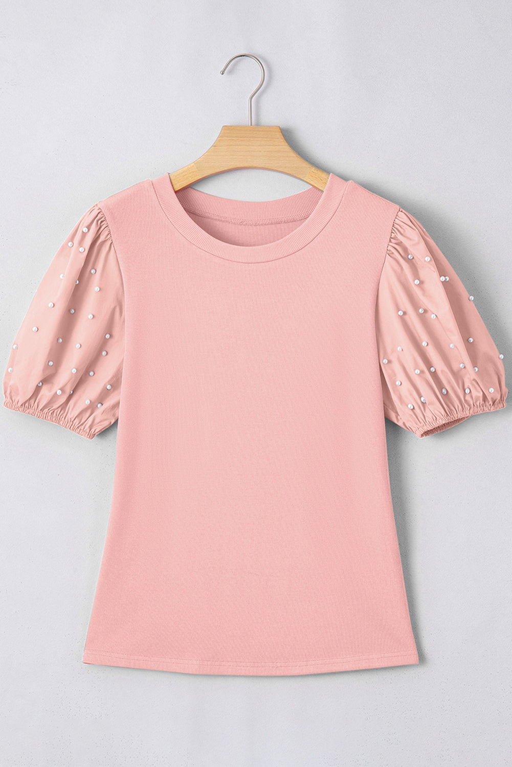 Bright Pink Ribbed Pearl Beaded Puff Sleeve Top