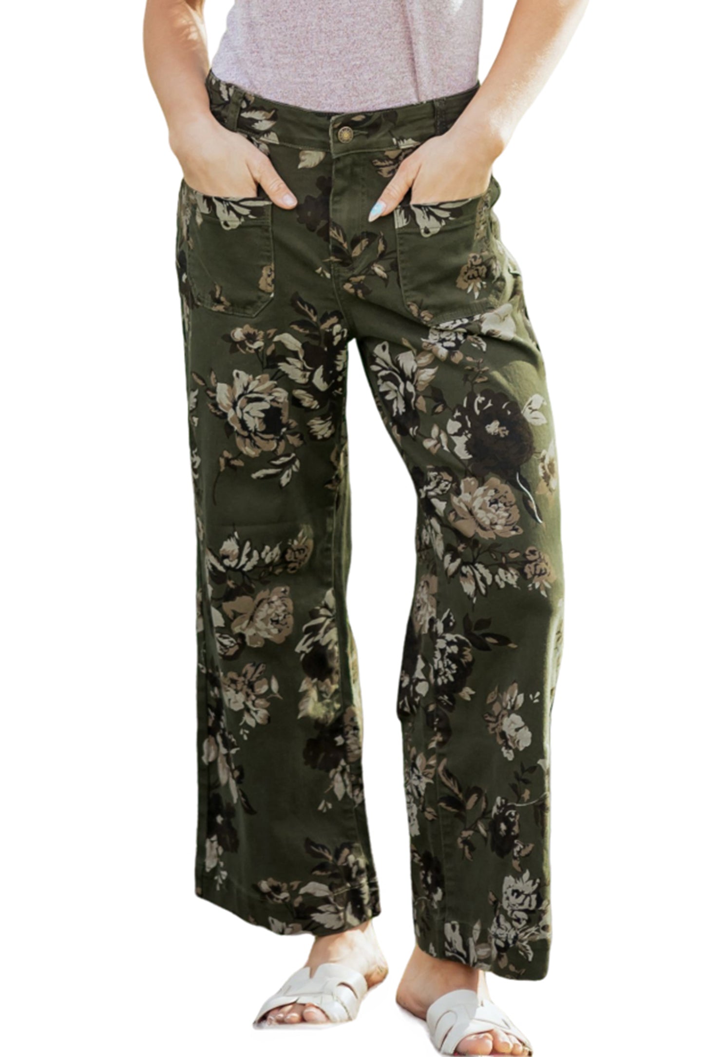 Green Vintage Floral Print Square Patch Pocket Raw Hem Shift Jeans