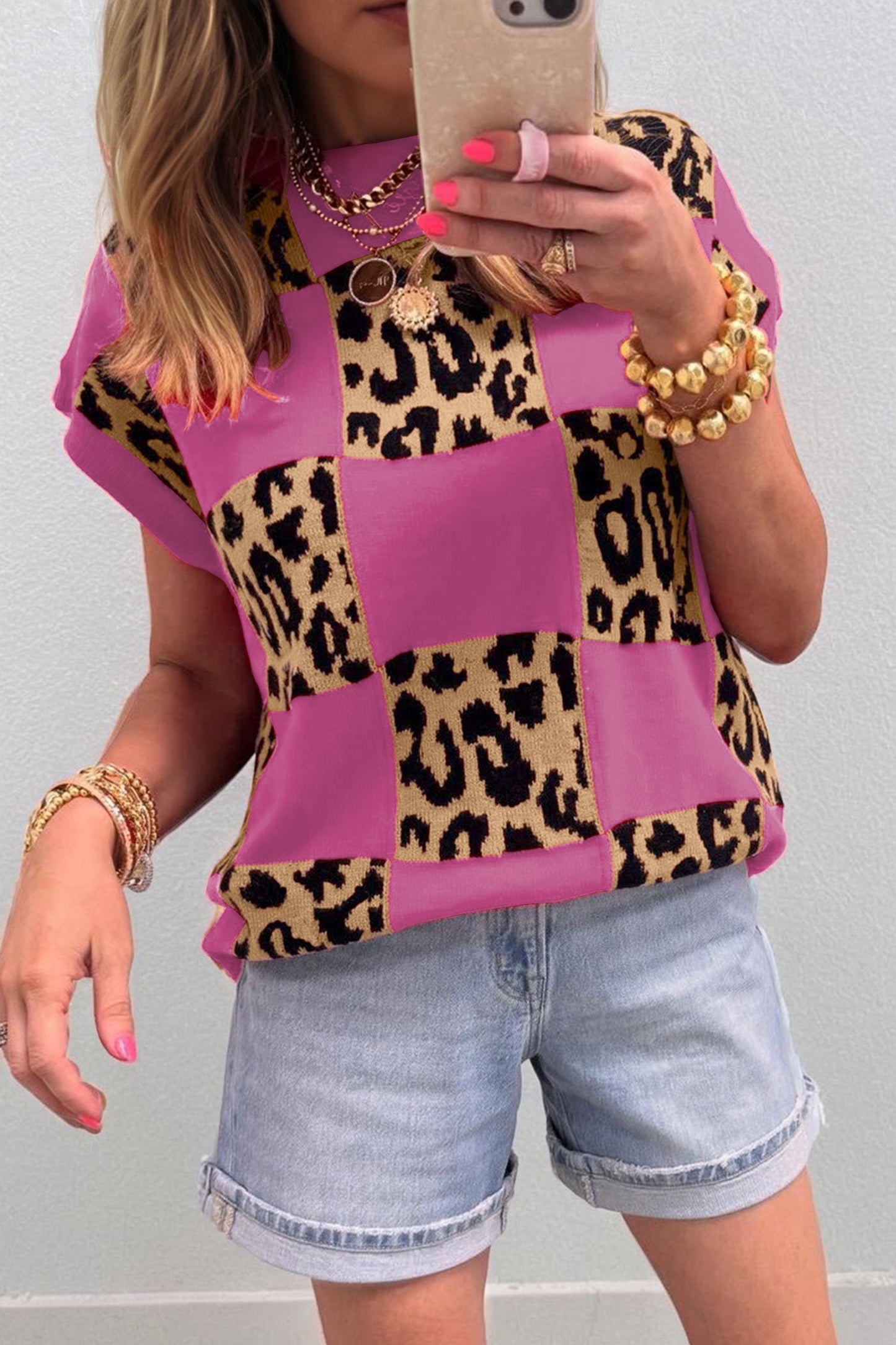Red Leopard Checkerboard Short Sleeve Knit Sweater