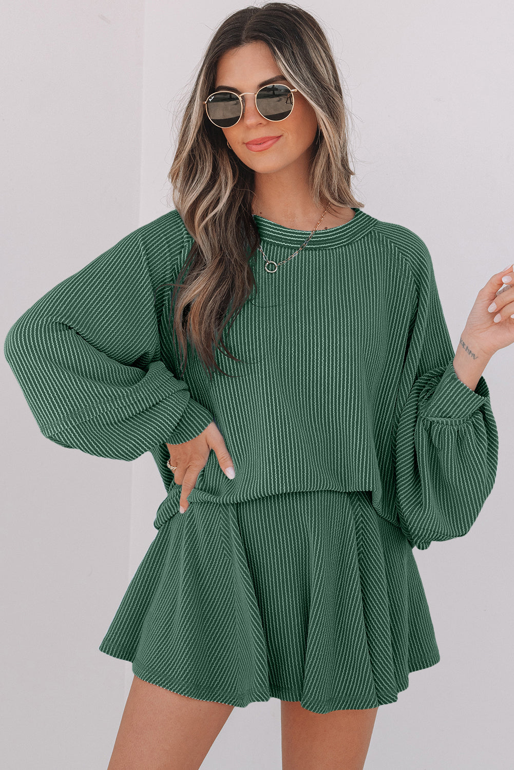 Corded Lantern Sleeve Top High Waist Ruffled Mini Skort Set- Jet Stream, Dark Grey, Sky Blue, Mist Green