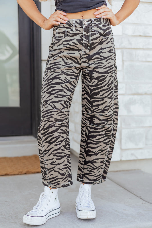 Gray Zebra Stripe Printed Wide Leg Barrel Jeans