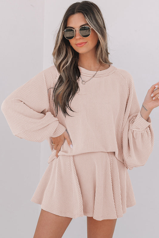 Corded Lantern Sleeve Top High Waist Ruffled Mini Skort Set- Jet Stream, Dark Grey, Sky Blue, Mist Green