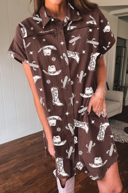 Brown Cowgirl Hats Boots Cactus Print Raw Edge Button Down Short Denim Dress
