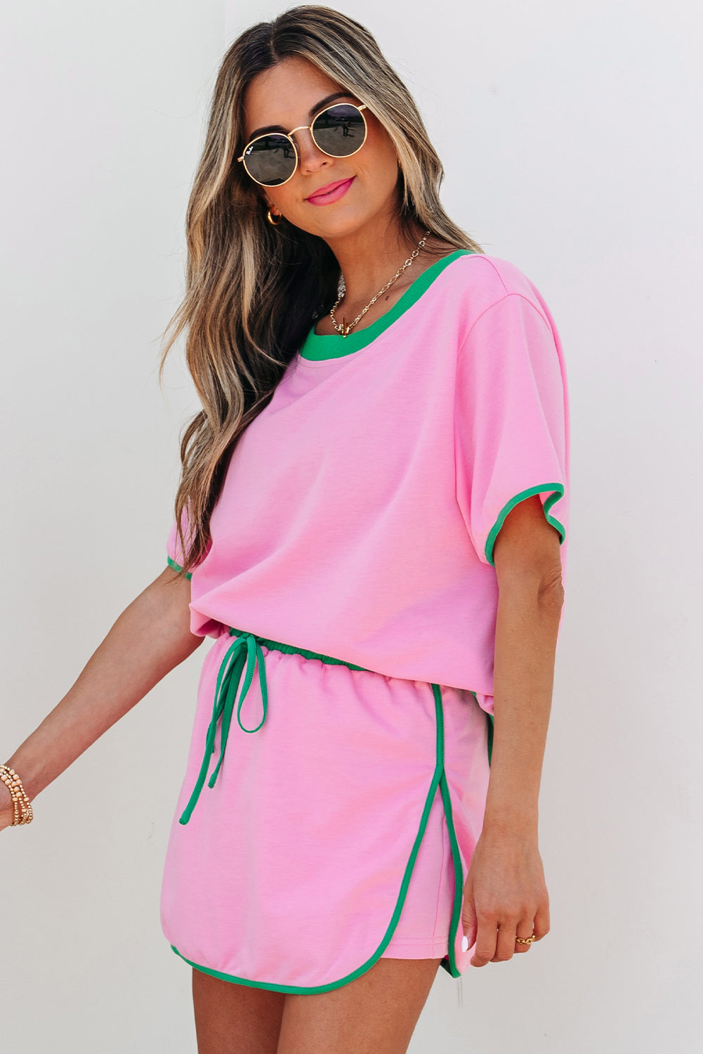 Colorblock Edge Drop Shoulder T Shirt and Skort 2Pcs Set- Turquoise, Evergreen, Bonbon