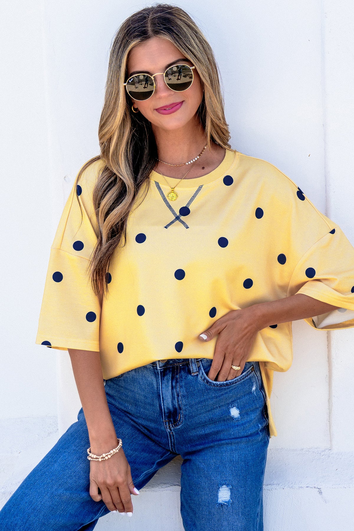 Polka Dot Print Crossed Seam Detail Oversize Tee