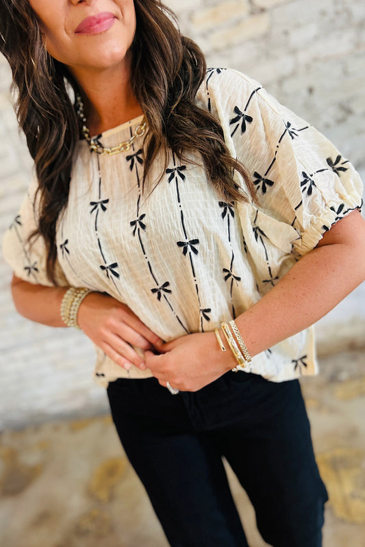 Bow Print Puff Short Sleeve Top- Beige, Black, Beau Blue