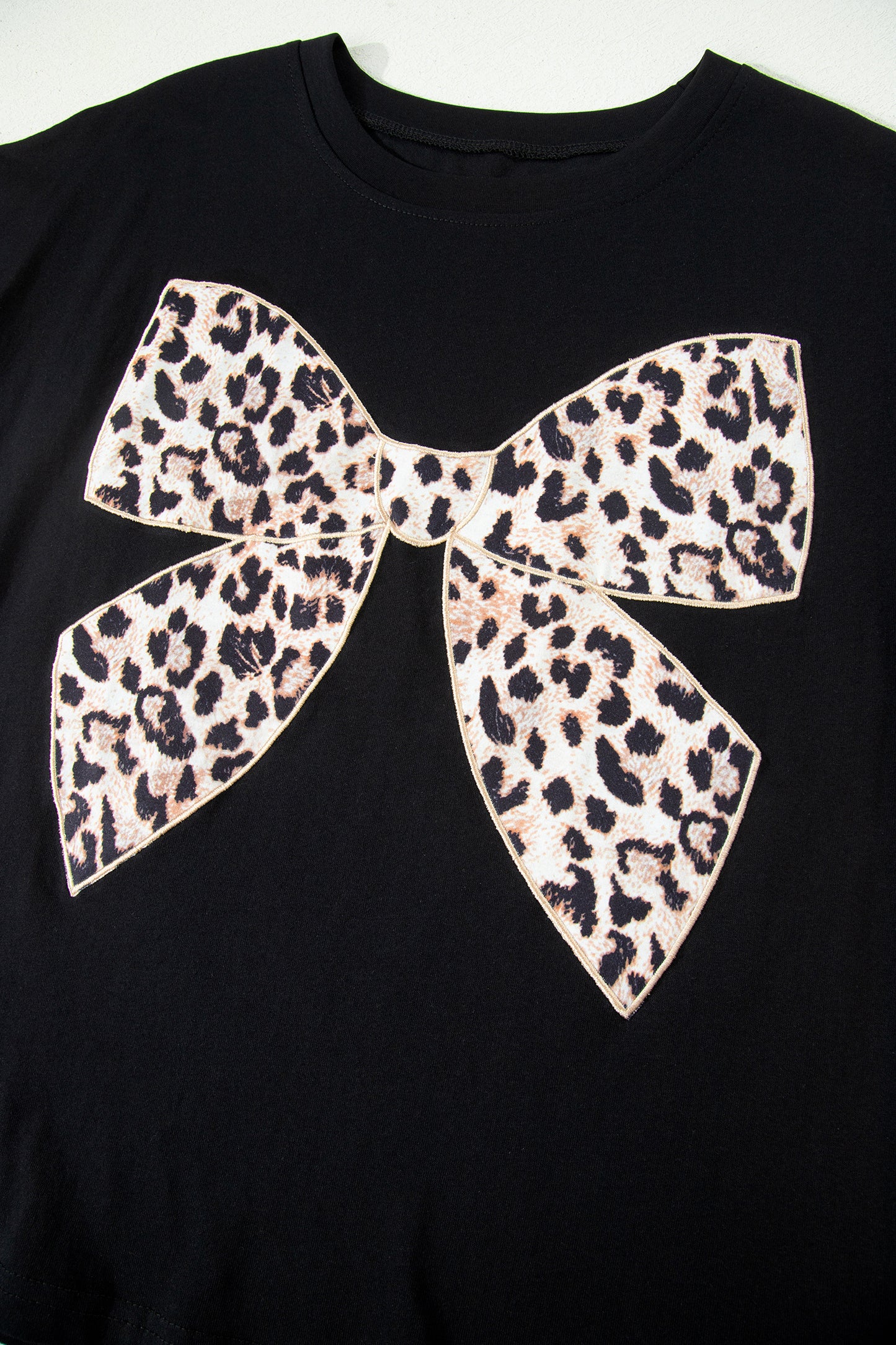 White Leopard Bow Embroidered Cotton Round Neck T Shirt