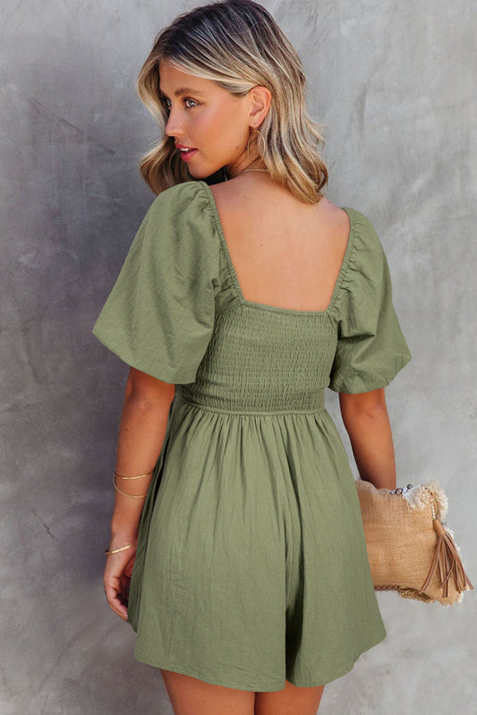 Jungle Green Square Neck Ruched Puff Sleeve Romper