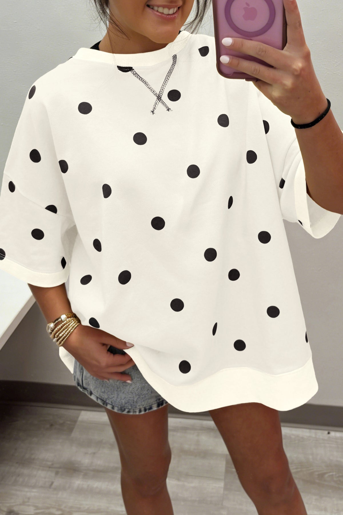 Polka Dot Print Crossed Seam Detail Oversize Tee