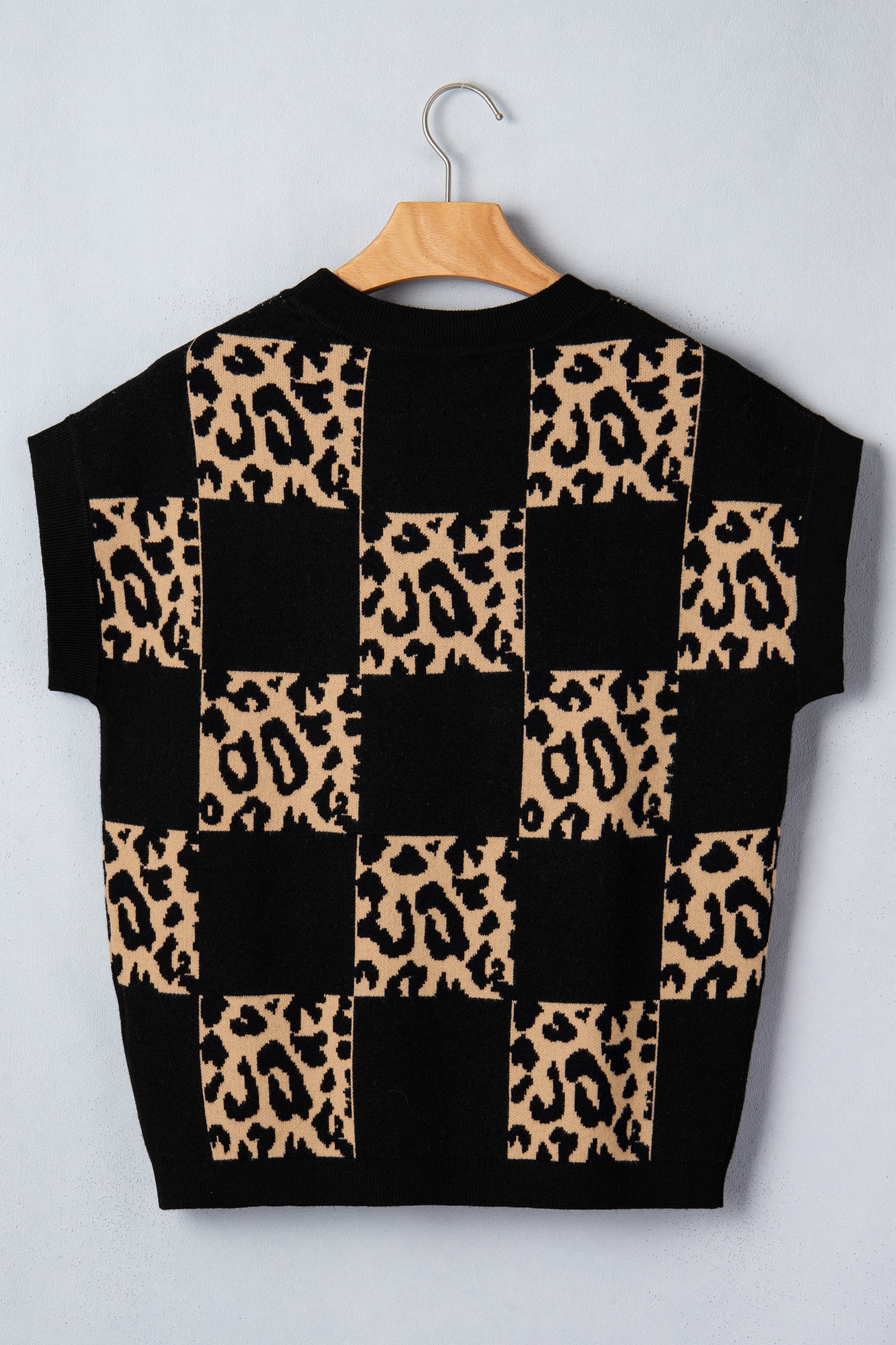 Red Leopard Checkerboard Short Sleeve Knit Sweater