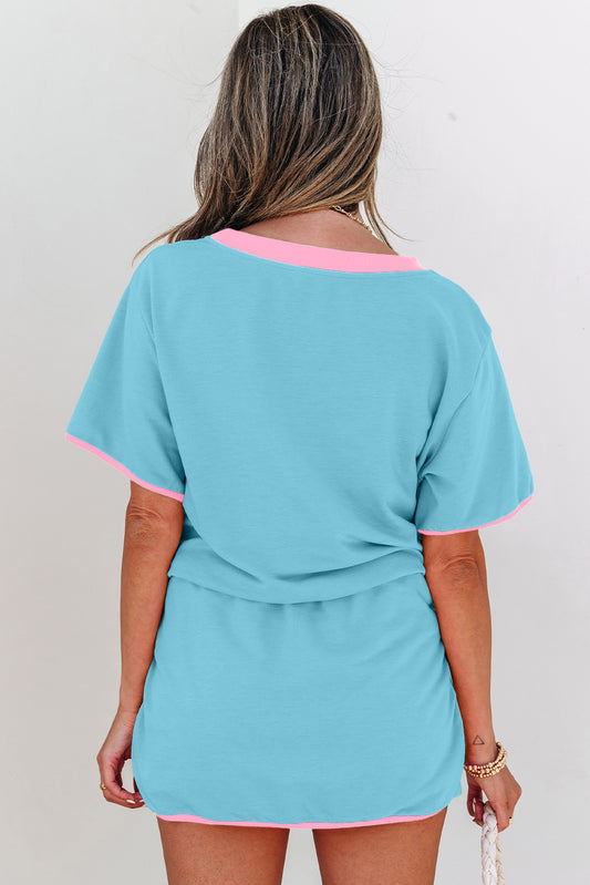 Colorblock Edge Drop Shoulder T Shirt and Skort 2Pcs Set- Turquoise, Evergreen, Bonbon