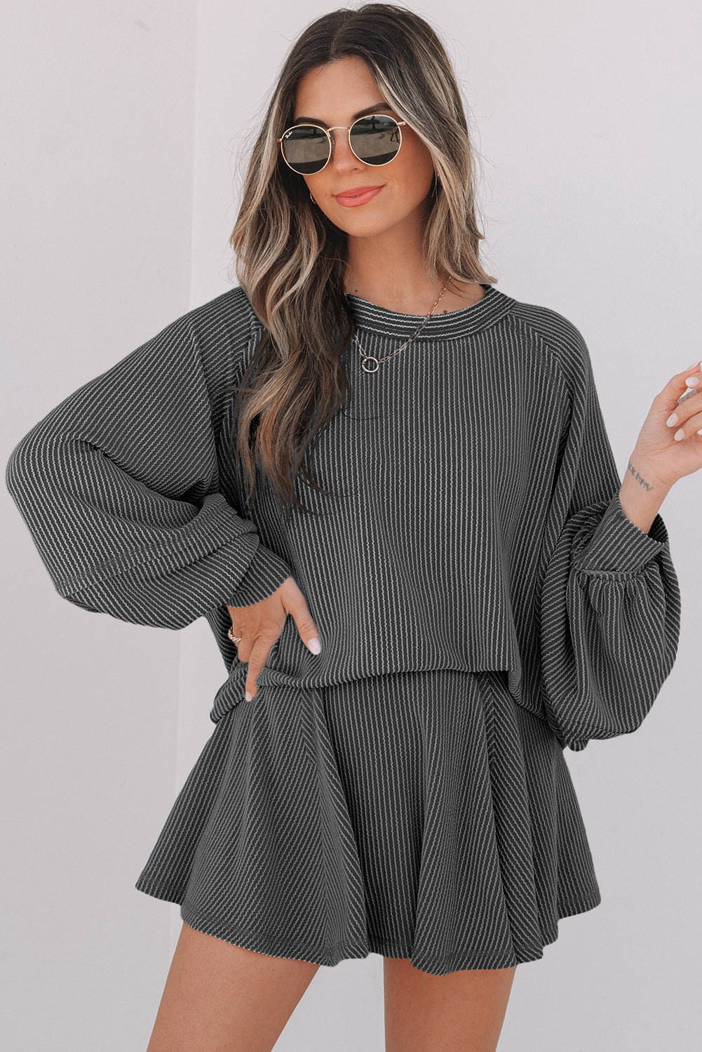 Corded Lantern Sleeve Top High Waist Ruffled Mini Skort Set- Jet Stream, Dark Grey, Sky Blue, Mist Green