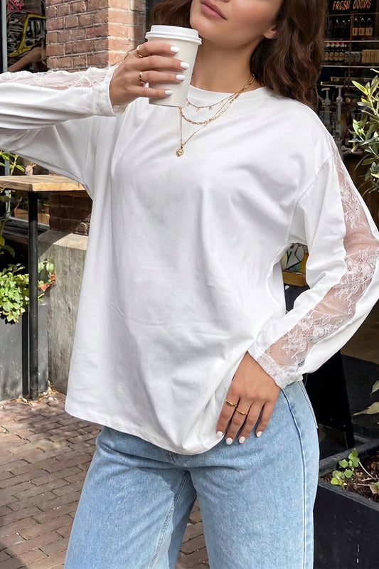 White Lace Patchwork Round Neck Long Sleeve Top
