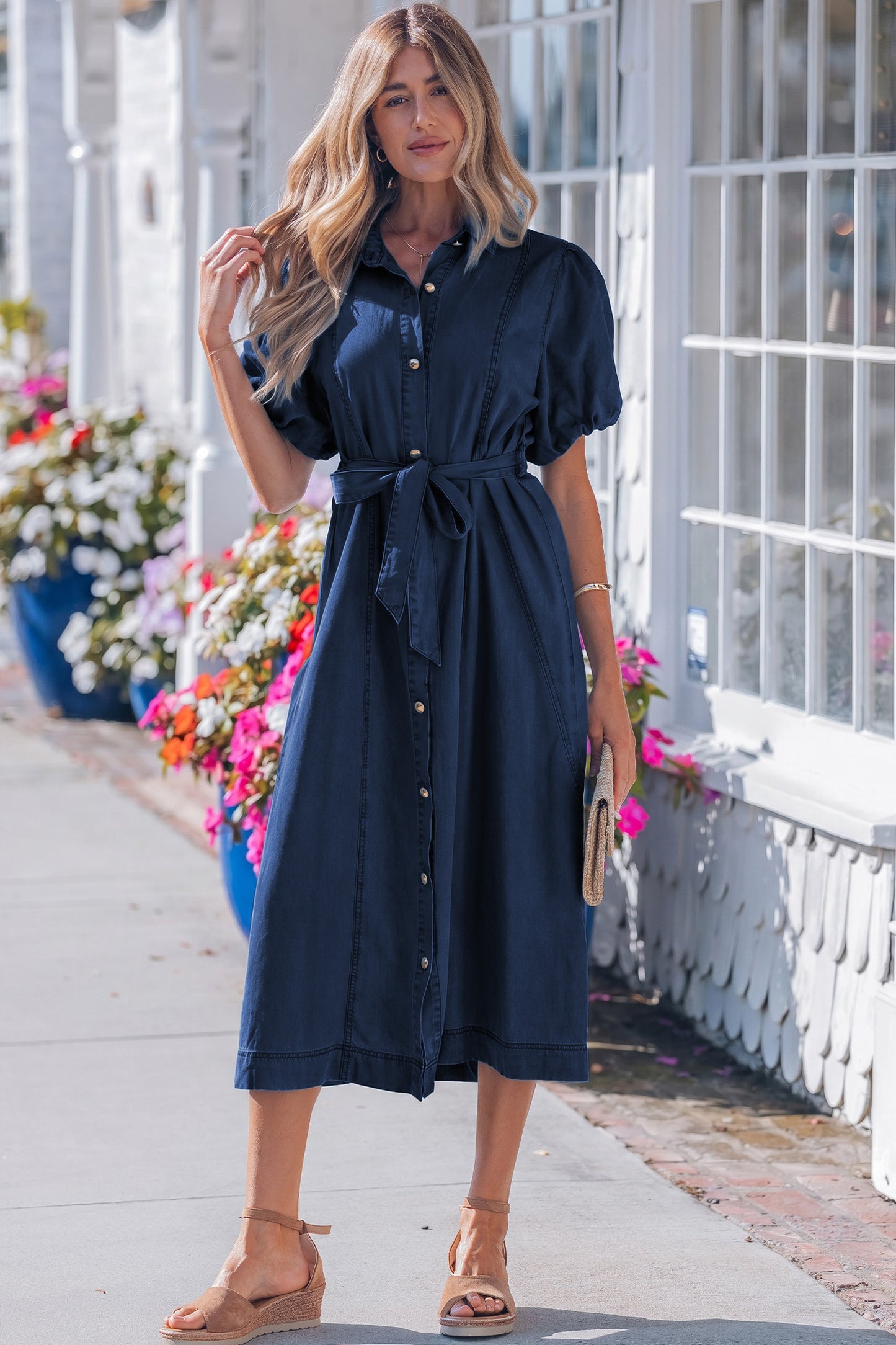 Beau Blue Full Buttons Collared Short Bubble Sleeve Long Denim Dress