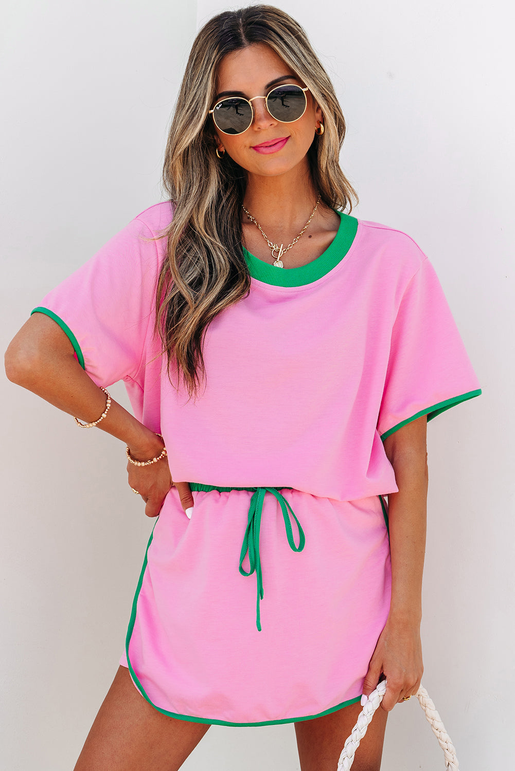 Colorblock Edge Drop Shoulder T Shirt and Skort 2Pcs Set- Turquoise, Evergreen, Bonbon
