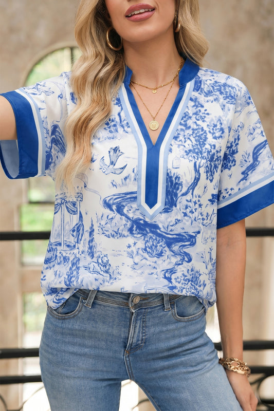 Blue Wild Animal Paradise Contrast V Neck Raglan Sleeve Blouse