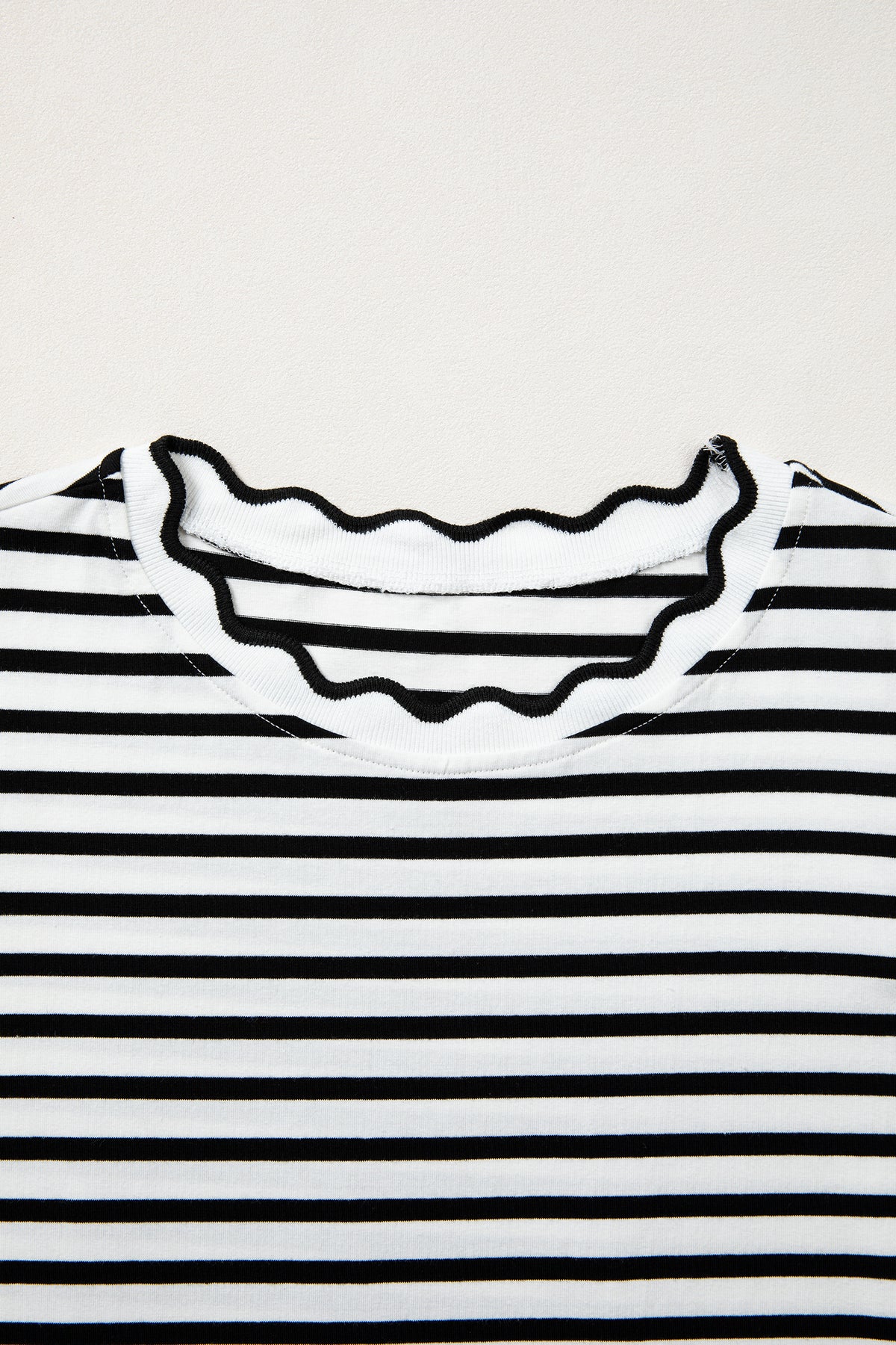 Red Stripe Scalloped Trim Round Neck T Shirt