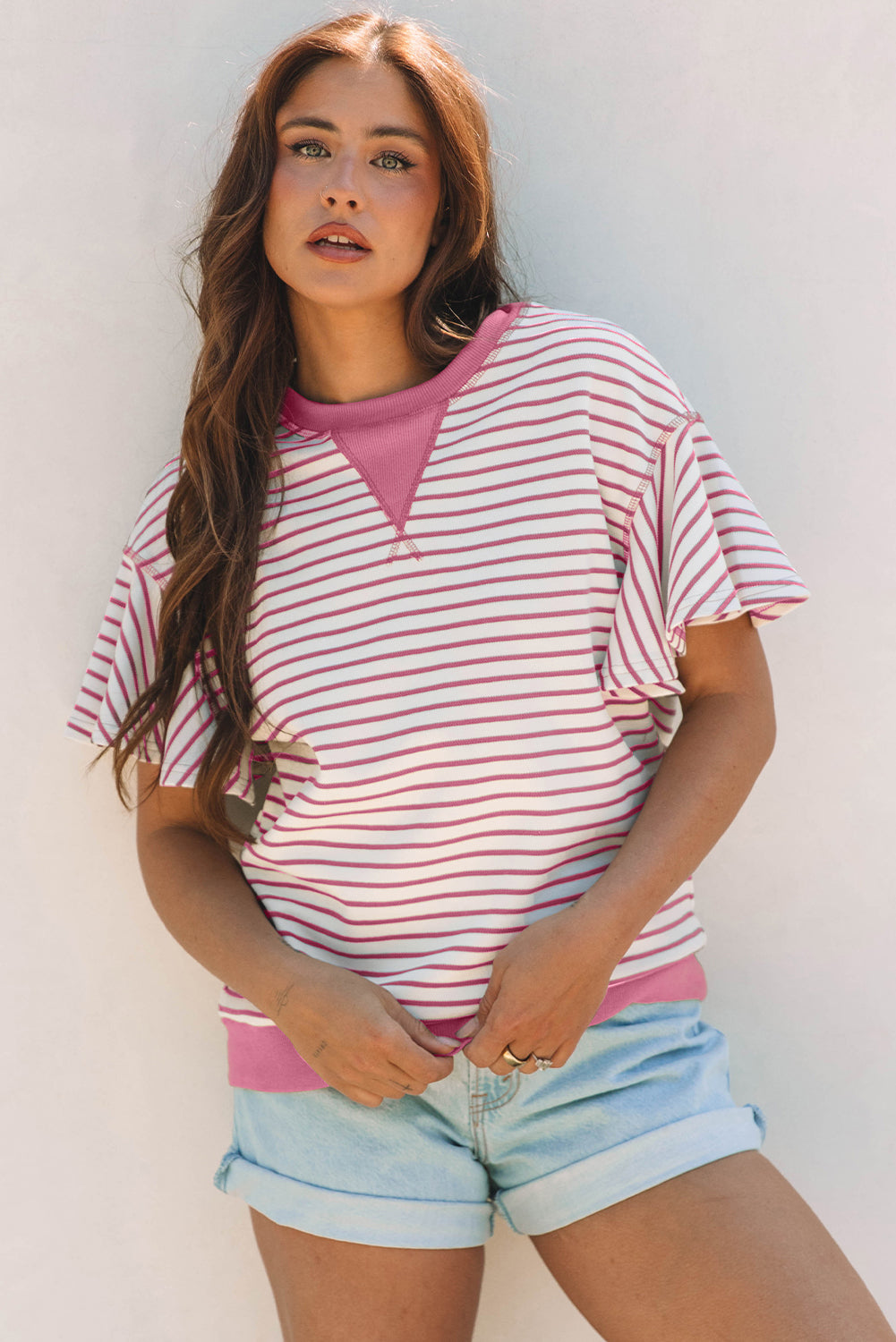 Contrast Detail Striped Ruffle Short Sleeve Top