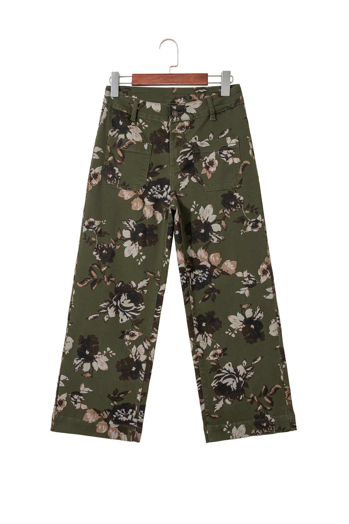 Green Vintage Floral Print Square Patch Pocket Raw Hem Shift Jeans
