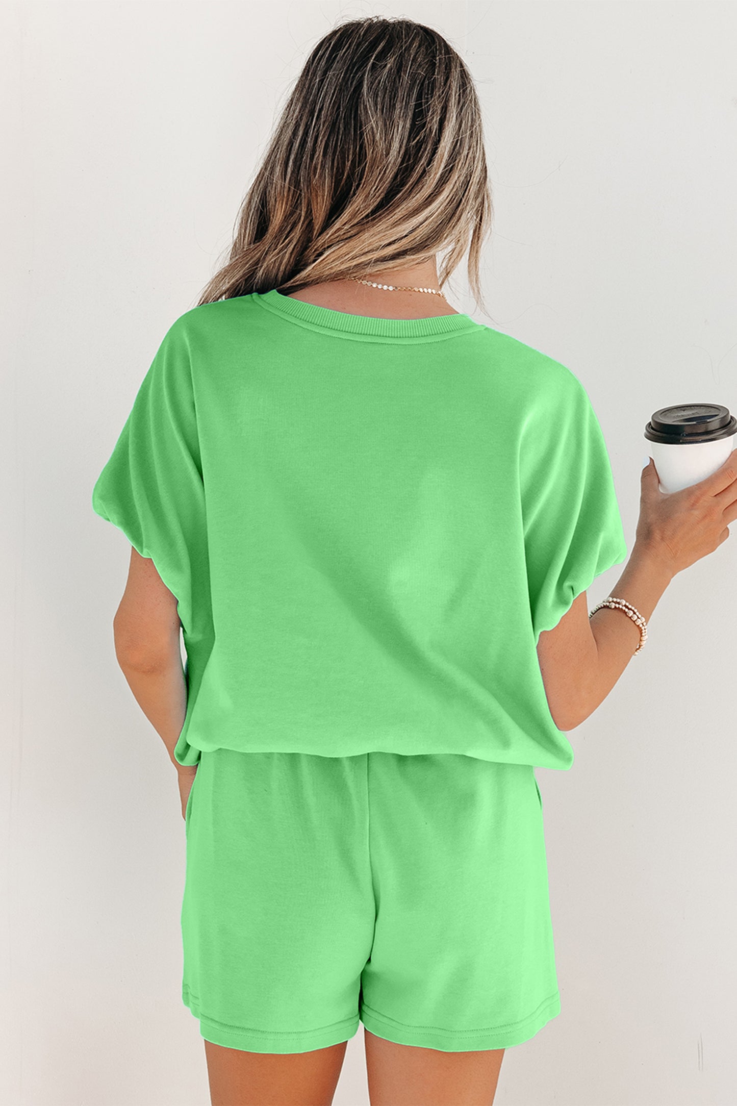 Green Solid Color Puffy Loose Top Drawstring Shorts 2pcs Outfit