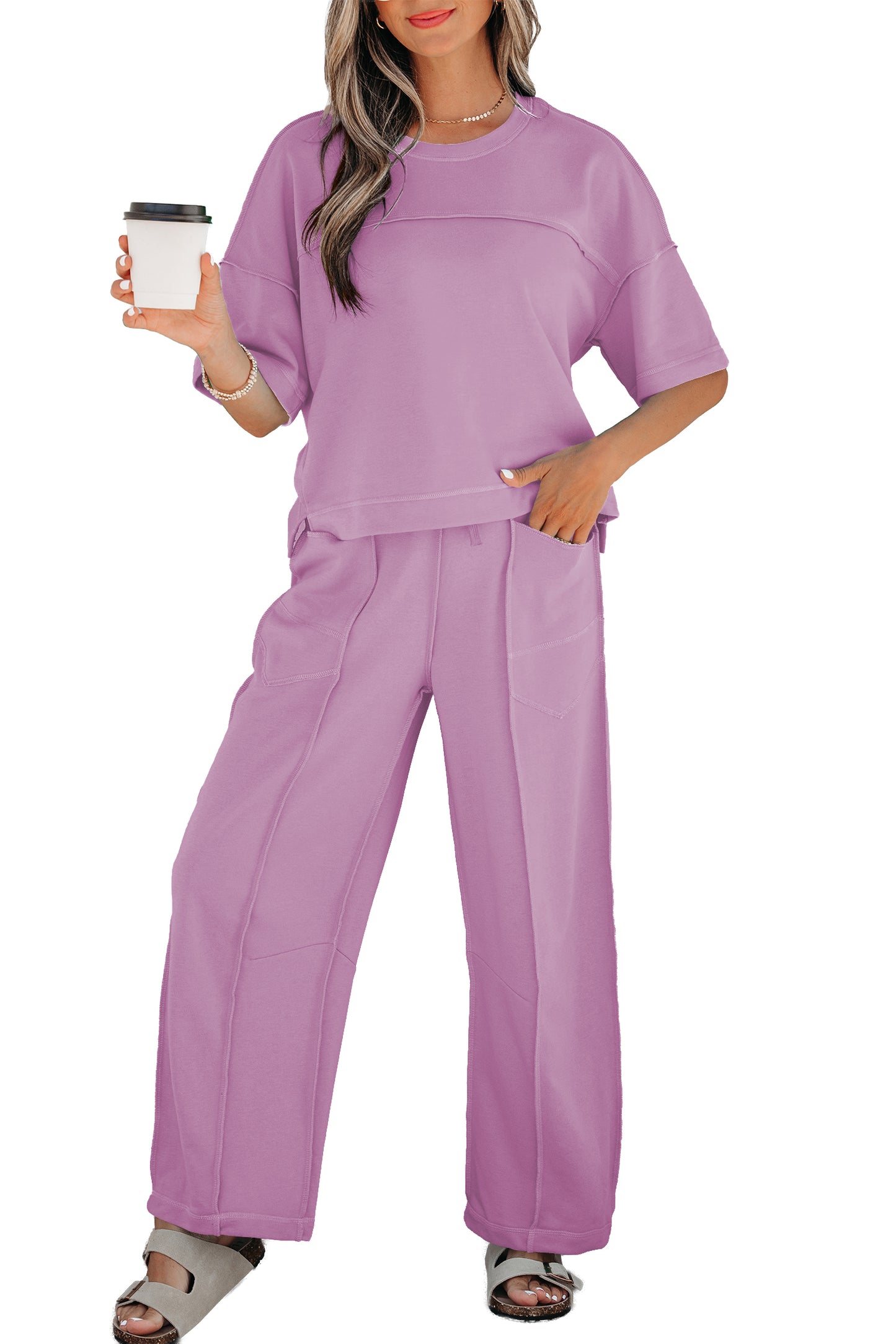 Orchid Bouquet Drop Shoulder Boxy Tee and Barrel Pants Set
