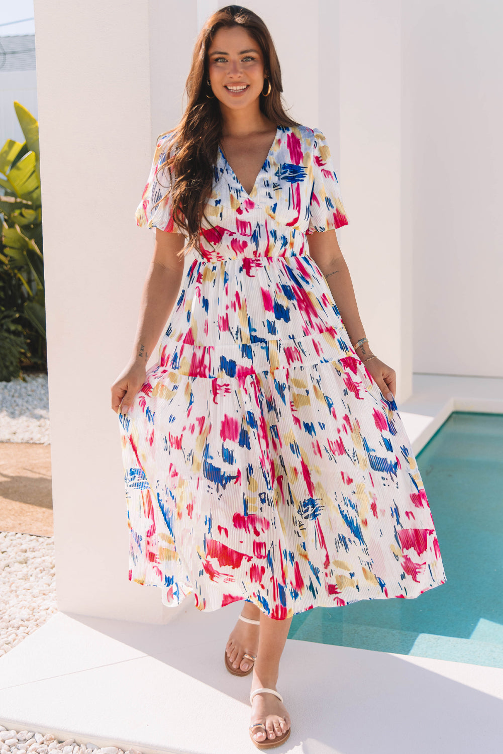 Rose Abstract Print Short Puff Sleeve Tiered Maxi Dress