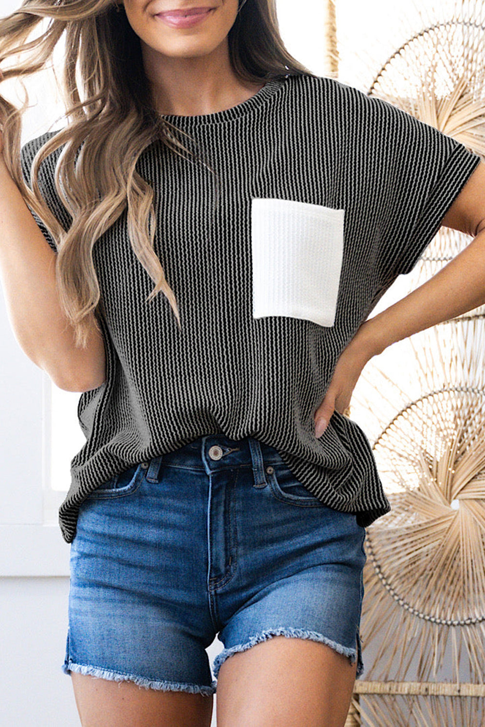 Light Blue Corded Knit Color Block Pocketed Crew Neck T Shirt
