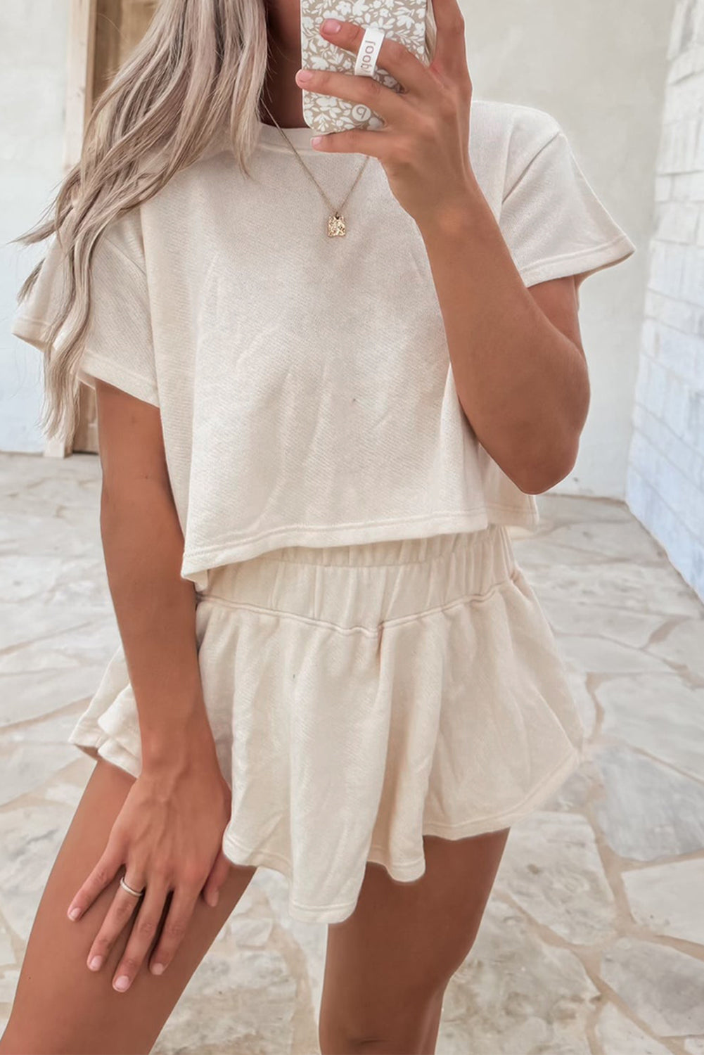 2pcs Cropped Tee and Ruffle High Waist Skort Set- Black, Beige, Blossom