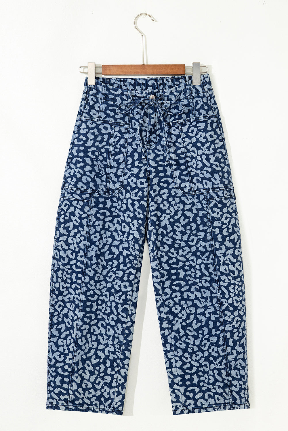Leopard Printed Drawstring Elastic Waistband Pocketed Barrel Jeans- Khaki, Blue