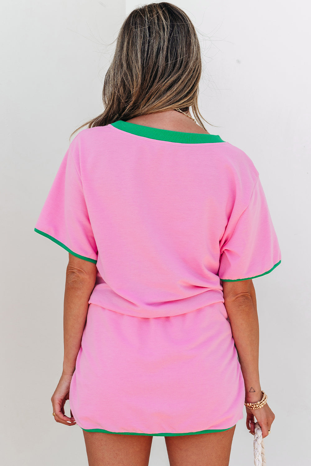 Colorblock Edge Drop Shoulder T Shirt and Skort 2Pcs Set- Turquoise, Evergreen, Bonbon